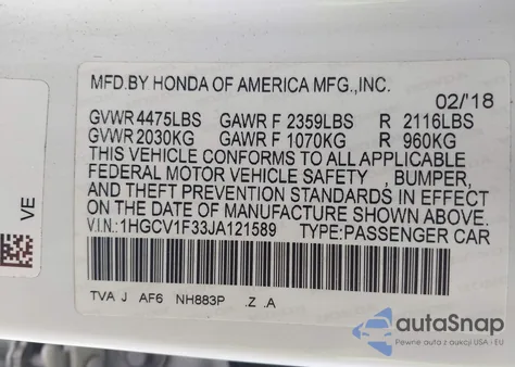 2018 Honda Accord Sport from USA, damaged, VIN 1HGCV1F33JA121589